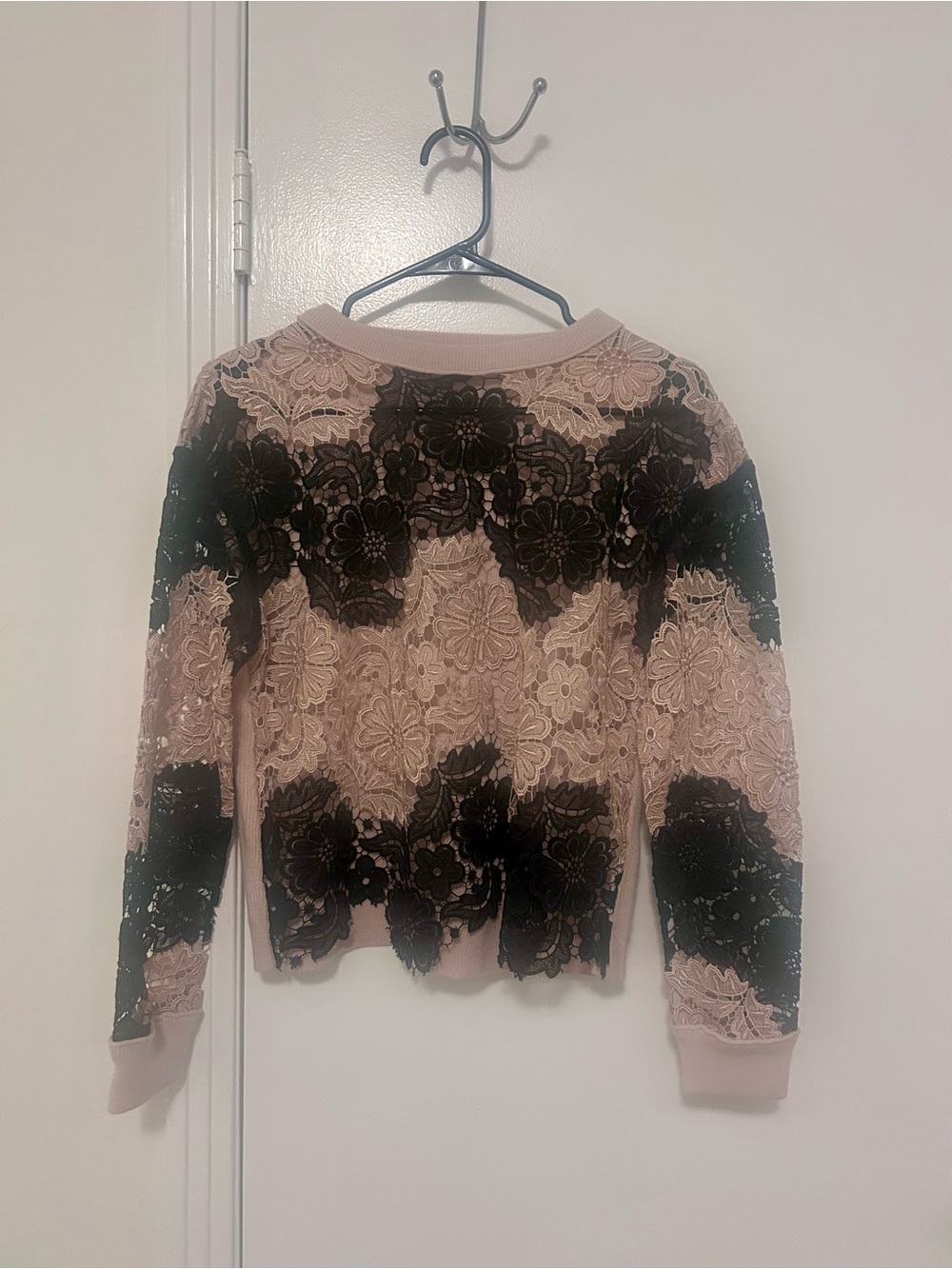 Alice + Olivia Jesse Guipure Lace Panel Black Nude knit crewneck sweater size M